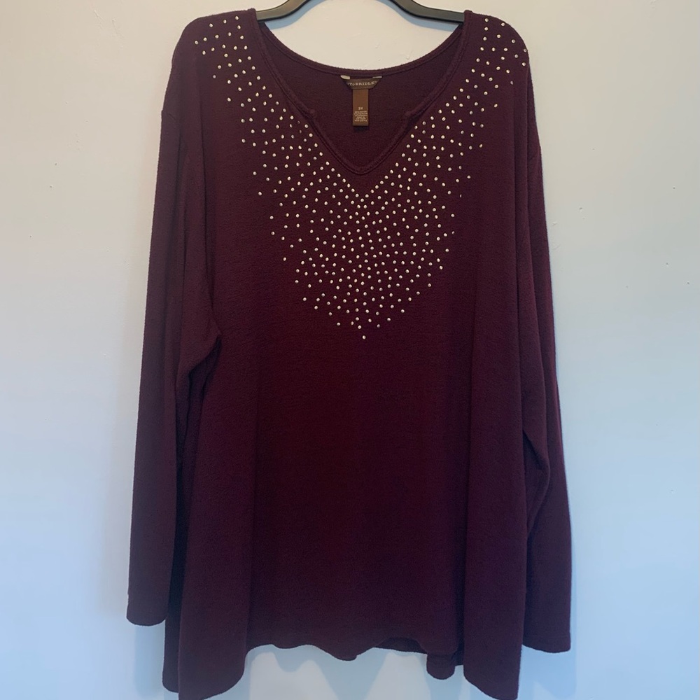 Bit & Bridle Studded Soft Notch Neck Sweater 3X Burgundy Wine